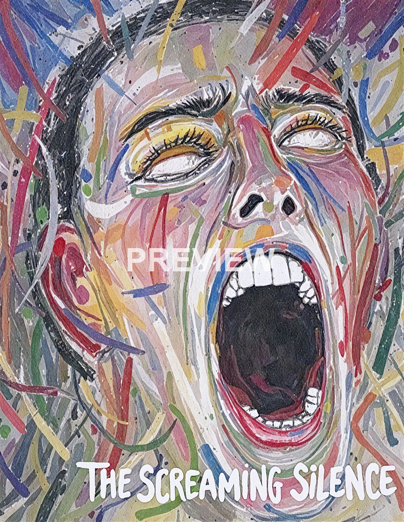 A vivid, expressive watercolor painting of a person with their mouth wide open in a scream, eyes closed, surrounded by colorful abstract lines.